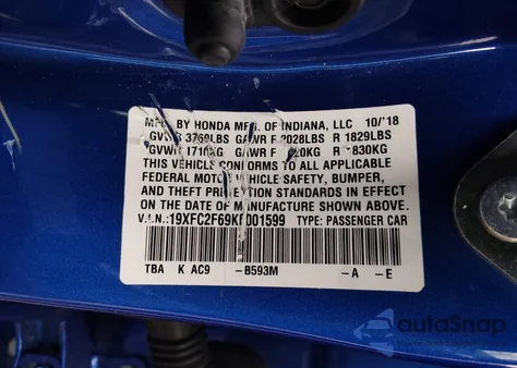 2019 Honda Civic Lx z USA, uszkodzony, nr VIN 19XFC2F69KE001599